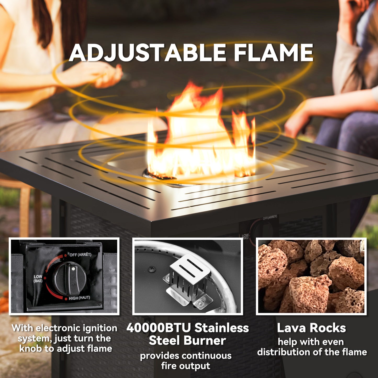 Outsunny Square Gas Fire Pit Table, Smokeless Firepit with Cover, Black