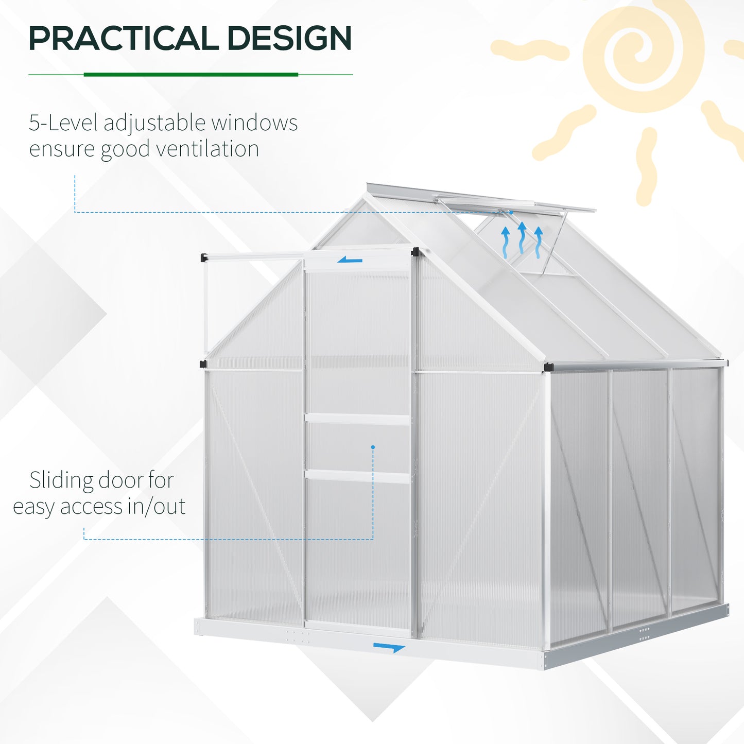 Outsunny 6' x 12' x 6.5' Walk-in Greenhouse, Polycarbonate Greenhouse with Adjustable Roof Vent, Base, Sliding Door, Clear