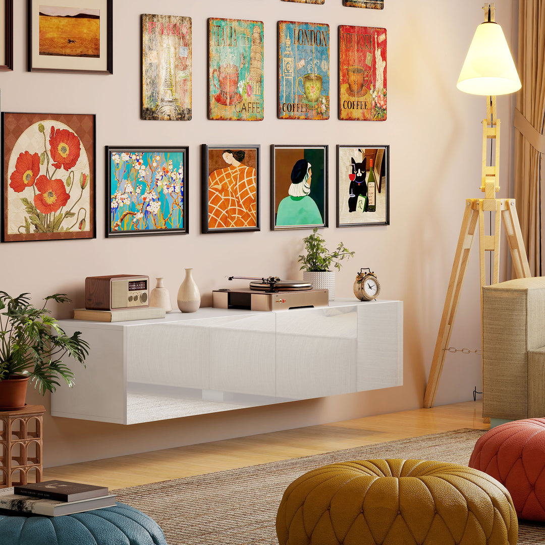 HOMCOM Floating TV Stand with Storage Cupboards for 45, 55, 65in TVs, Wall Mounted TV Console Entertainment Unit, White