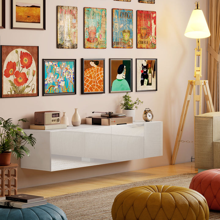 HOMCOM Floating TV Stand with Storage Cupboards for 45, 55, 65in TVs, Wall Mounted TV Console Entertainment Unit, White