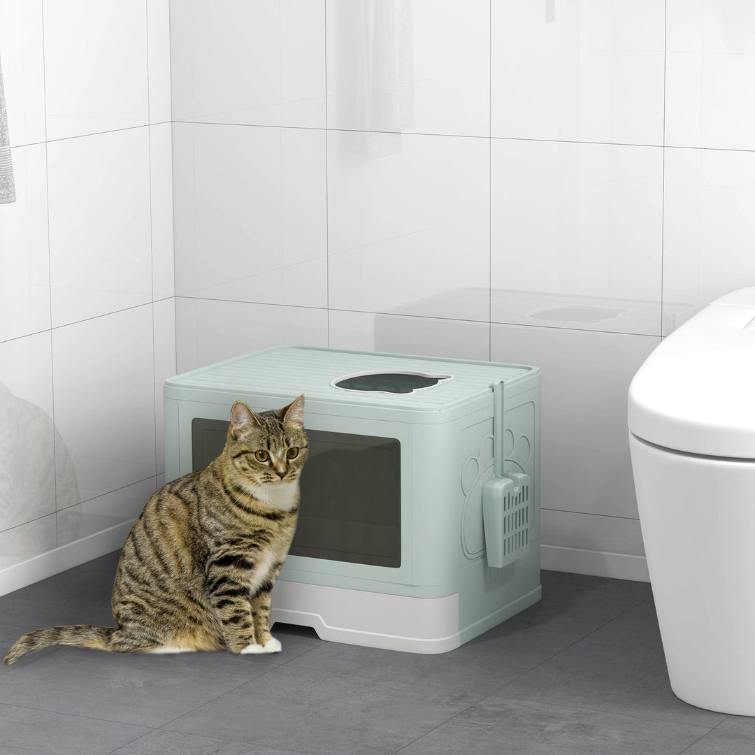 PawHut Cat Litter Box, Front Enter & Top Exit Cat Litter Tray with Scoop, Pull-out Tray, Easy to Clean, Green
