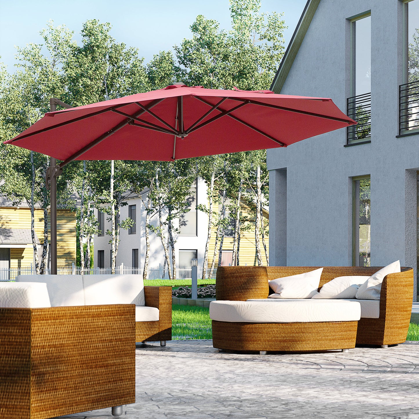 Outsunny 10ft Cantilever Patio Umbrella with 360Â° Rotation, Crank & Cross Base for Garden Deck Pool Backyard, Wine Red