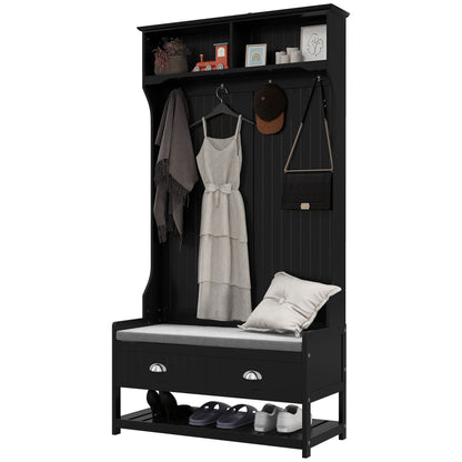 HOMCOM Coat Rack Shoe Bench, Hall Tree with Bench and Shoe Storage, Entryway Bench with 4 Hooks, 2 Drawers, 2 Shelves, Black
