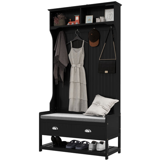 HOMCOM Coat Rack Shoe Bench, Hall Tree with Bench and Shoe Storage, Entryway Bench with 4 Hooks, 2 Drawers, 2 Shelves, Black