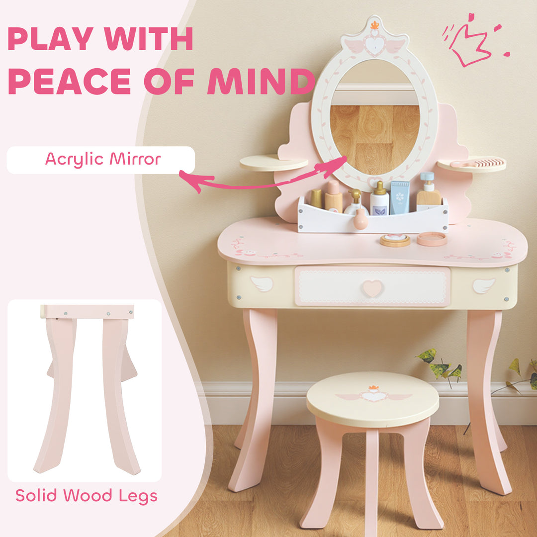 Qaba Kids Vanity Set, Girls Dressing Table with Mirror and Stool, 7 Accessories, Drawers, Desktop Storage, Pink