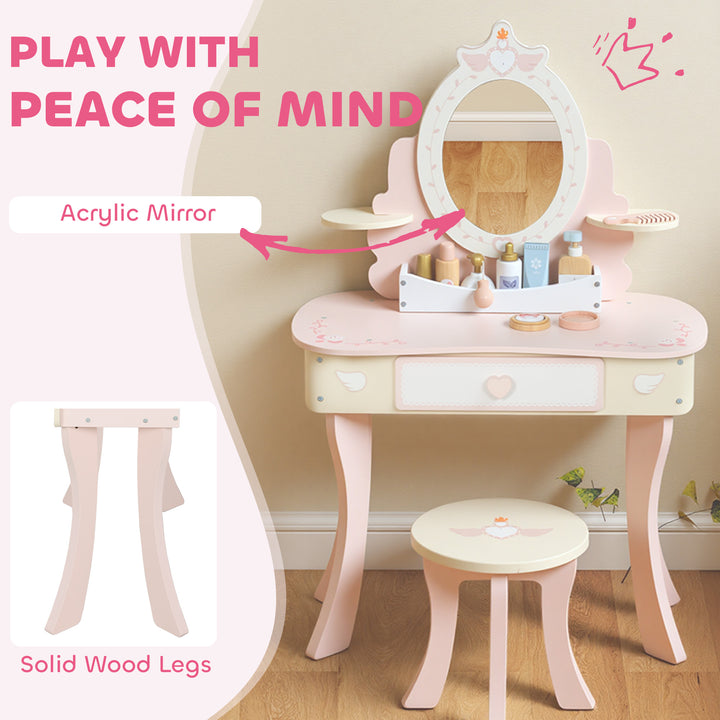Qaba Kids Vanity Set, Girls Dressing Table with Mirror and Stool, 7 Accessories, Drawers, Desktop Storage, Pink