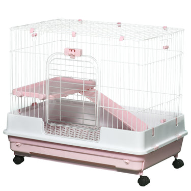 PawHut 32"L 2-Level Small Animal Cage with Universal Lockable Wheels, Pink