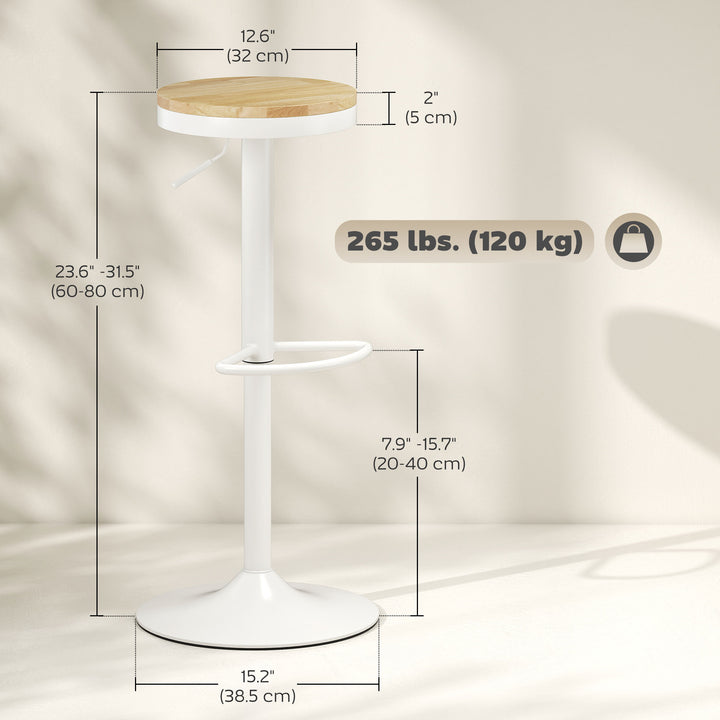 HOMCOM Wood Barstools Set of 2, Swivel Bar Stools with Adjustable Height for Kitchen Counter, Natural Wood and White