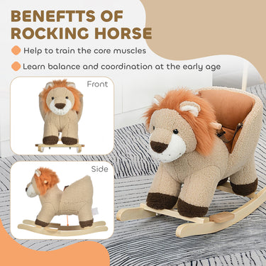 Qaba Baby Rocking Horse Lion Design Plush Stuffed Rocking Chair, Wooden Rocking Horse with Sound, Seat Belt for 18-36 Months Boys and Girls Gift, Brown