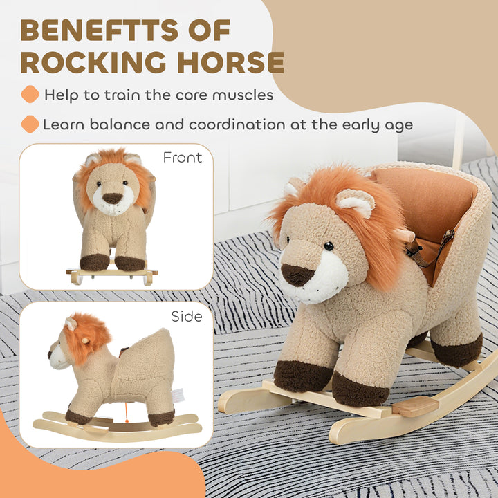 Qaba Baby Rocking Horse Lion Design Plush Stuffed Rocking Chair, Wooden Rocking Horse with Sound, Seat Belt for 18-36 Months Boys and Girls Gift, Brown