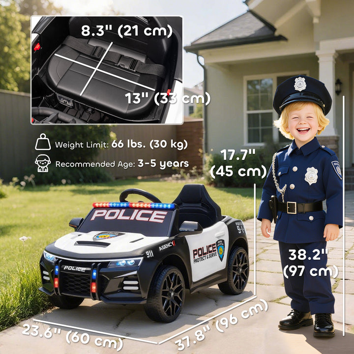Qaba Kids Electric Ride on Police Car with Remote Control, Sirens, Flashing Lights, Music, Horn, Shock Absorbers, White