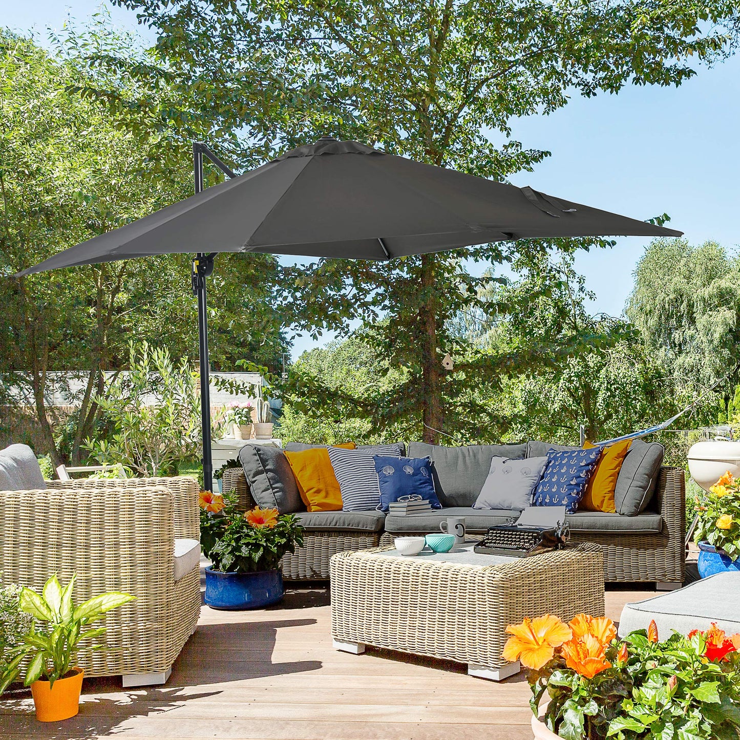 Outsunny 8' x 8' Square Patio Hanging Offset Umbrella with 360Â° Rotation, Aluminum Outdoor Cantilever Parasol with Crank & Tilt, Sun Canopy Shelter with Cross Base, Dark Blue