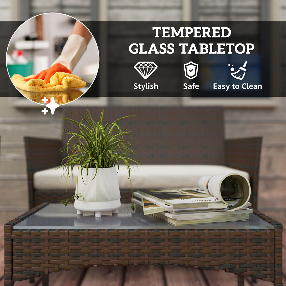 Outsunny 4 Pieces Wicker Outdoor Balcony Furniture Set Rattan Patio Furniture Set with Loveseat Chairs Glass Coffee Table Beige