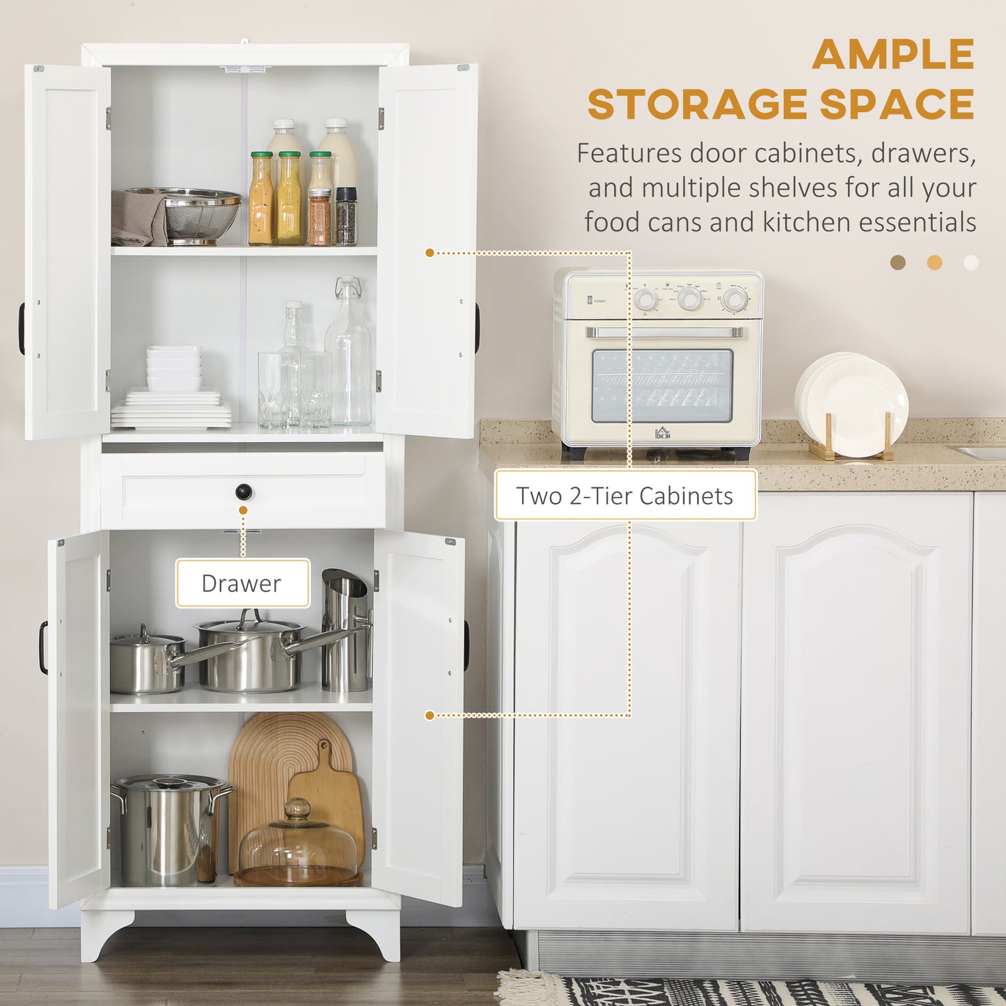HOMCOM Freestanding Storage Cabinet, Kitchen Pantry Cabinet with 2 Shelves, 4 Doors, Kitchen Storage Cabinets for Dining Room