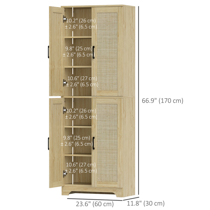 HOMCOM 67" Tall Kitchen Pantry, Freestanding Kitchen Storage Cabinet with 4 Rattan Doors and Adjustable Shelves, White