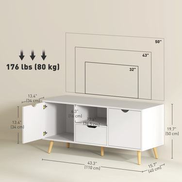 HOMCOM TV Stand with Storage for up to 50" TV, Modern TV Table with Open Shelf, Drawer and 2 Cabinets, White