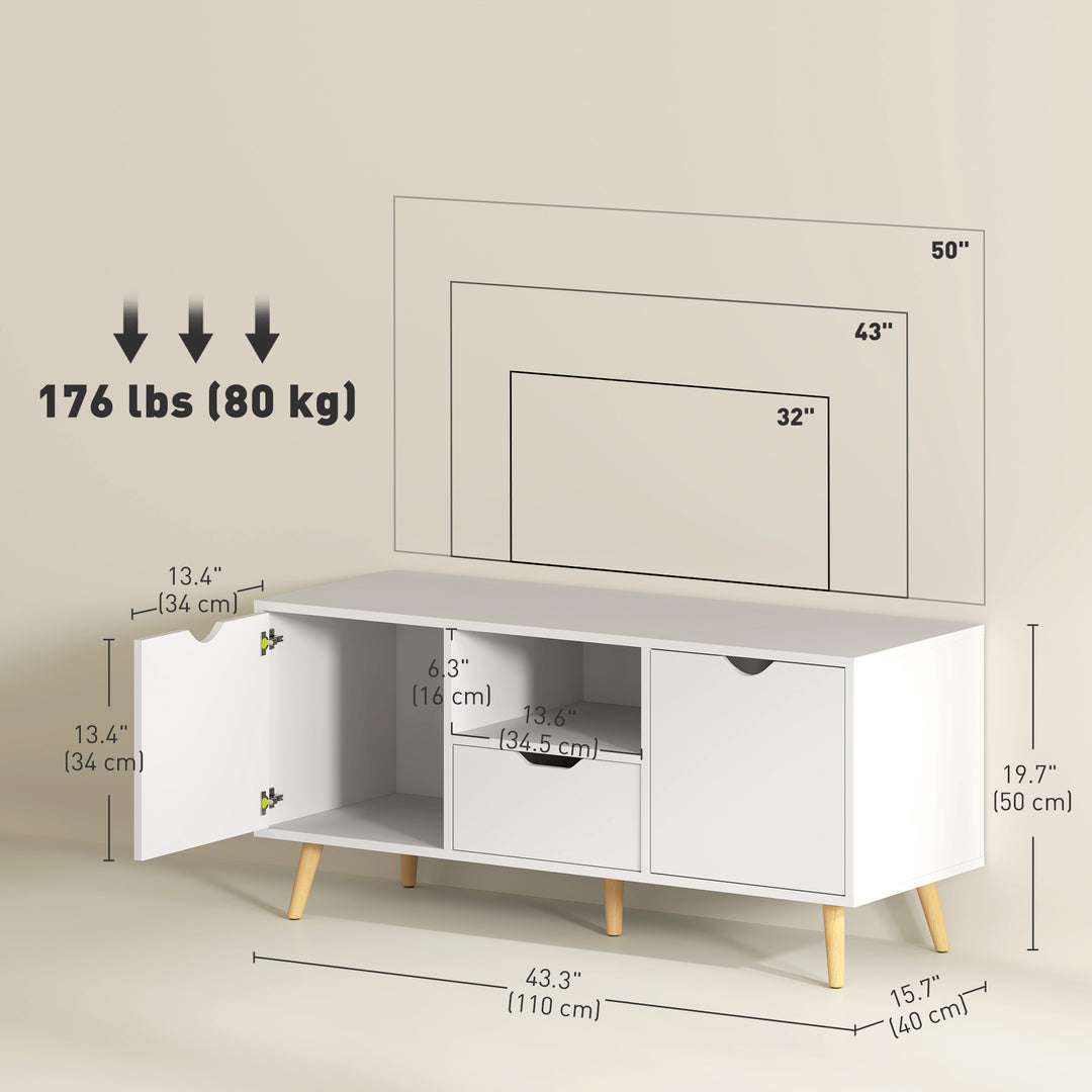 HOMCOM TV Stand with Storage for up to 50" TV, Modern TV Table with Open Shelf, Drawer and 2 Cabinets, White