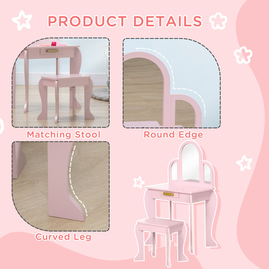 Qaba Kids Dressing Table and Chair Set, Girls Dressing Set, Makeup Desk with Drawer for 3-6 Years Old Kids, Pink