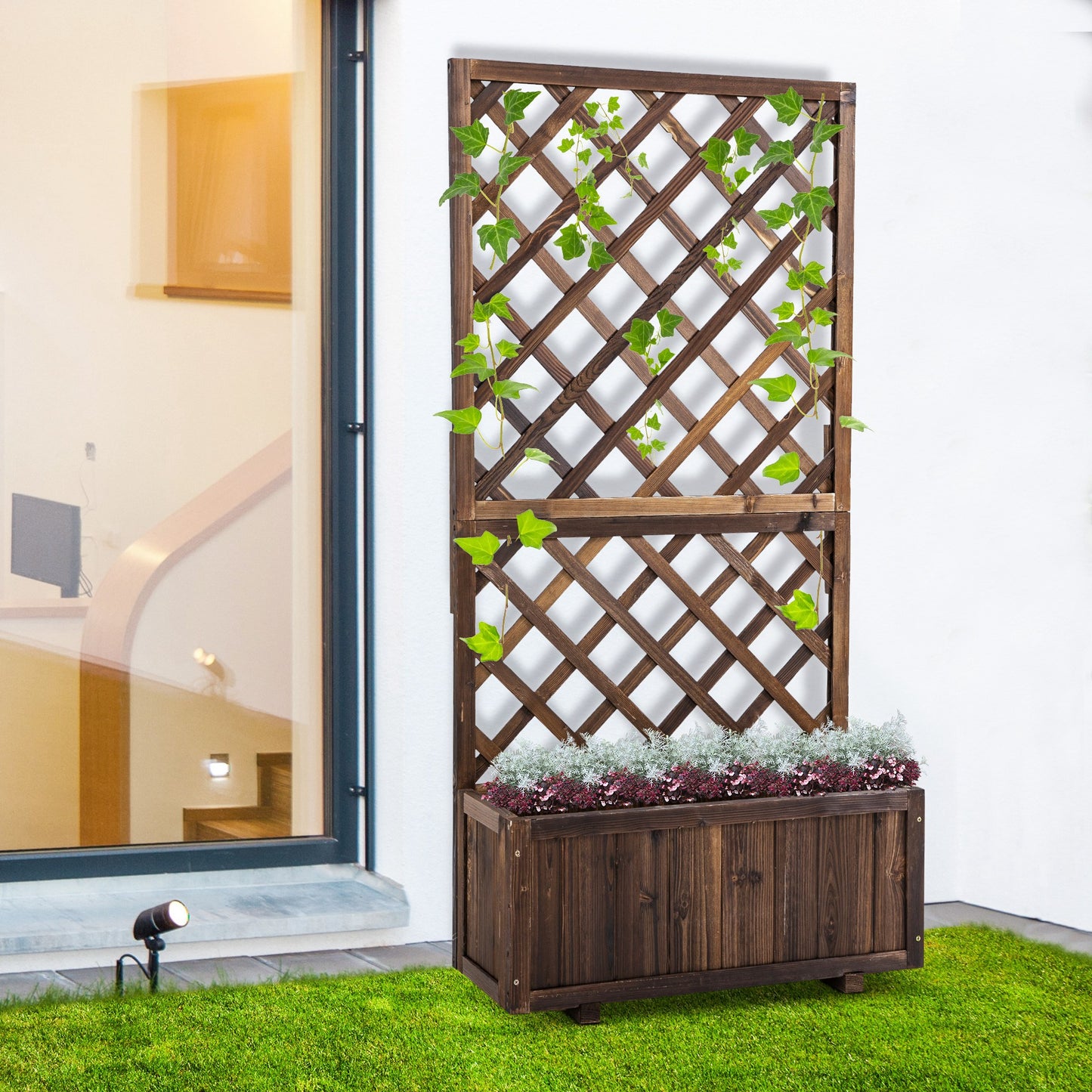 Outsunny 2.4 x 1 x 4.9 ft Garden Wooden Pine Trough Planter with Topped Trellis Climbing Plants Flower Raised Bed, Orange