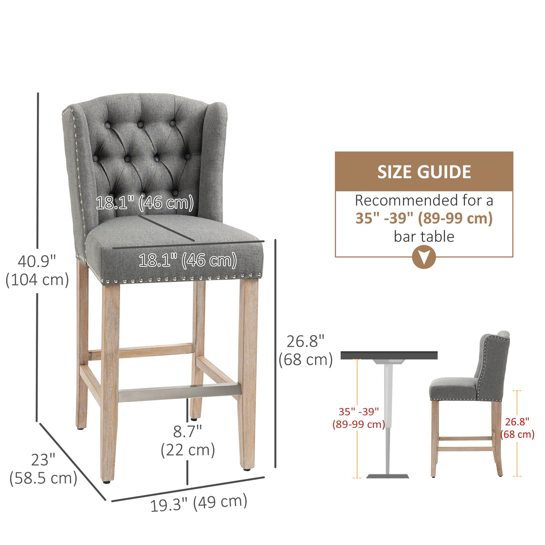 HOMCOM Counter Height Bar Stools Set of 2, Upholstered Bar Chairs with Nailhead Backrest and Footrest, Charcoal Grey