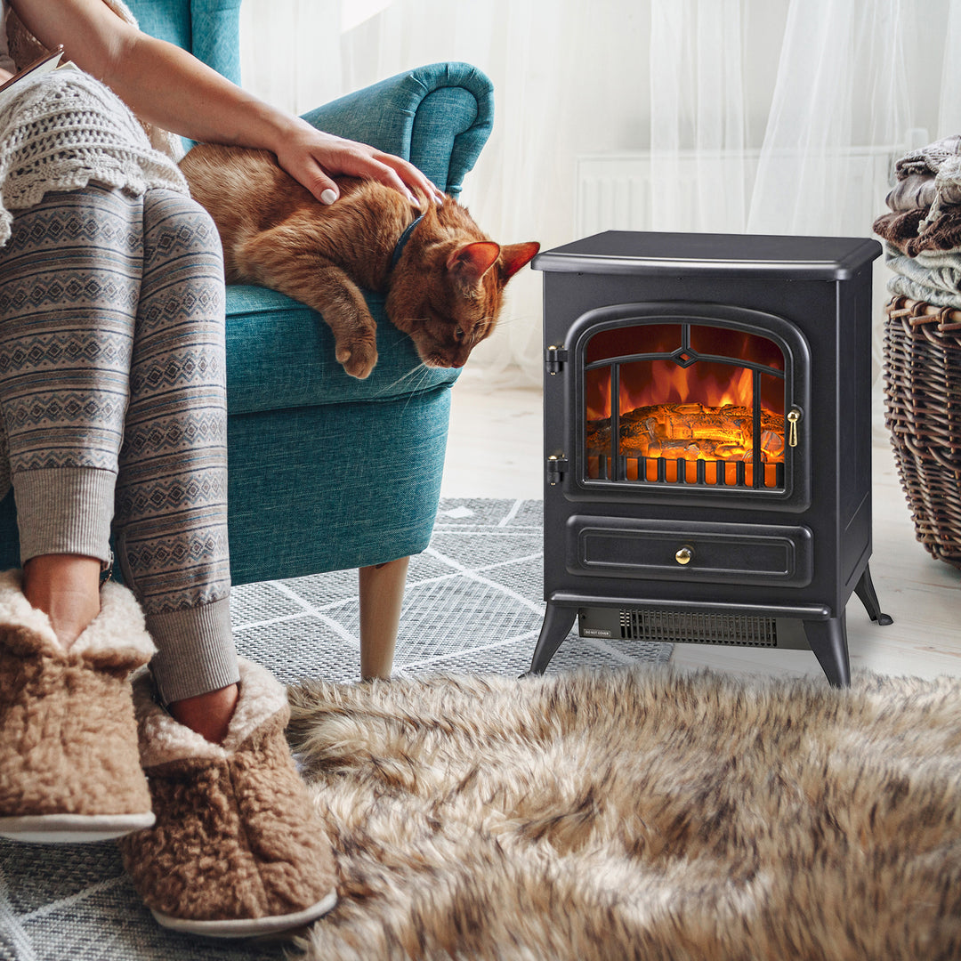 HOMCOM 16" Free Standing Electric Fireplace Portable Adjustable Stove with Heater Wood Burning Flame 750/1500W White