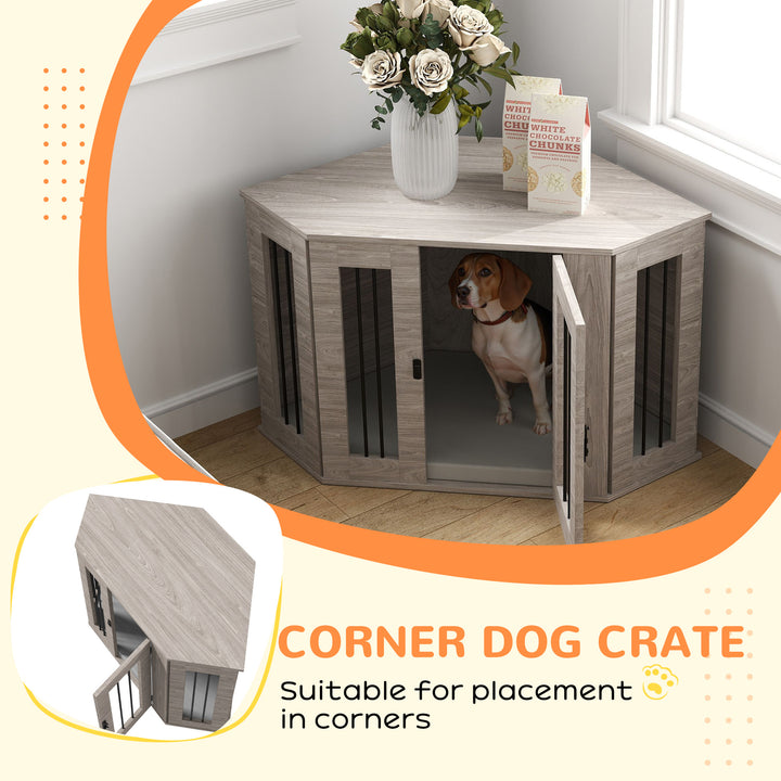 PawHut Dog Crate Furniture with Cushion, 41 Inch Corner Design Dog Crate End Table for Medium Dogs, Walnut Brown