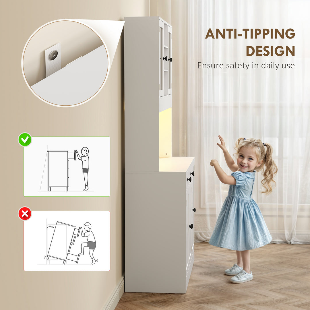 HOMCOM Tall Kitchen Pantry with LED Light, Freestanding Storage Cabinet with Hutch, Shelves, Drawer, Doors, White