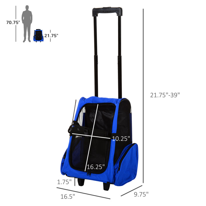 PawHut 2-IN-1 Pet Luggage Box Backpack Carrier Cats Dogs w/ Handle, Rolling Wheel Blue