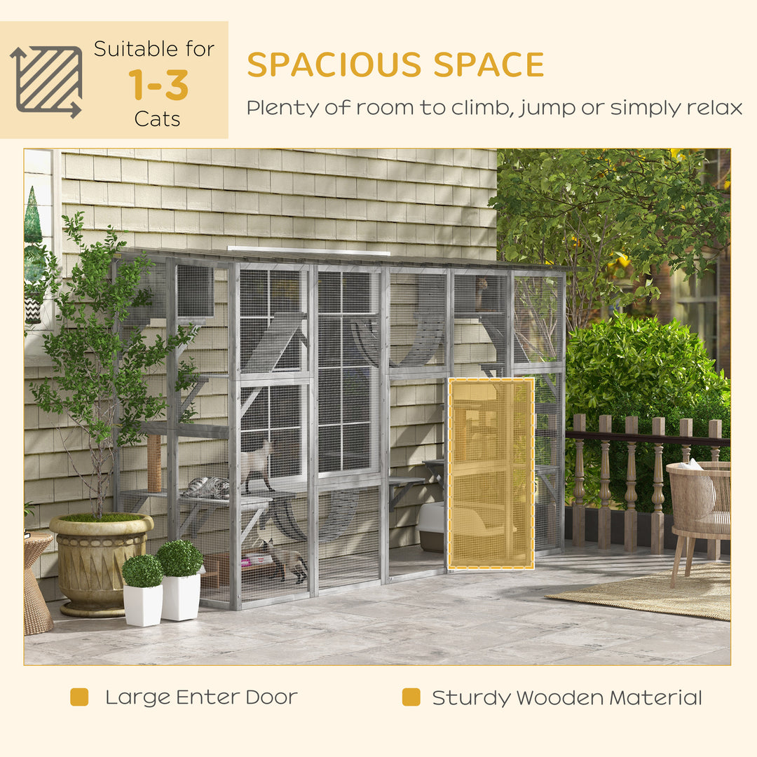 PawHut Large Outdoor Catio with Condos, Platforms, Doors, Ladders, Weather-Resistant Roof, Orange