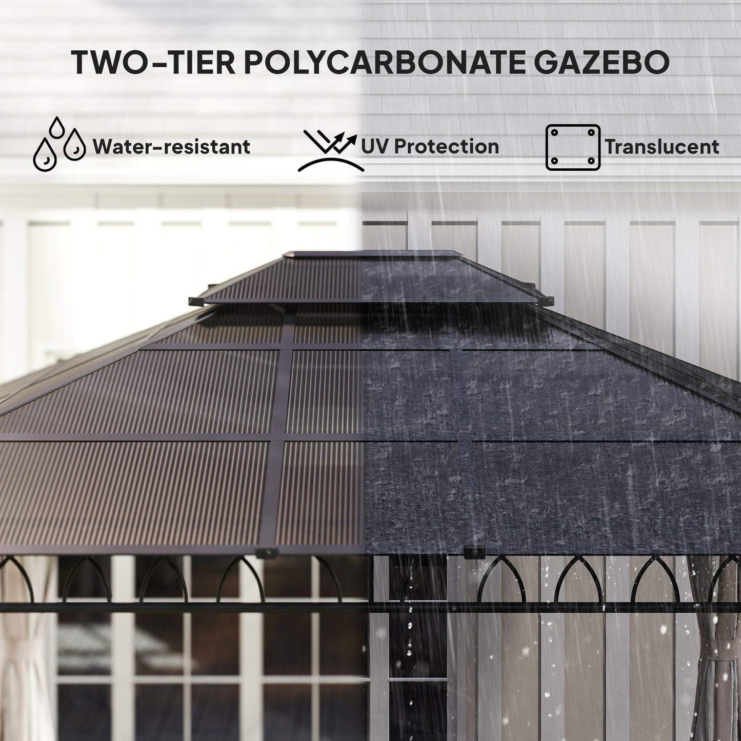 Outsunny 10' x 12' Outdoor Gazebo Canopy, DoubleÂ Roof Hardtop Gazebo withÂ Polycarbonate Roof, Steel Frame, NettingsÂ andÂ Curtains, forÂ Garden,Â Lawn,Â BackyardÂ andÂ Deck, Khaki