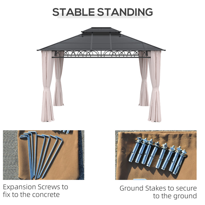 Outsunny 10' x 12' Outdoor Hardtop Gazebo Canopy w/ Double PC Roof, Steel Frame, Nettings, Curtains for Garden Lawn Deck, Khaki