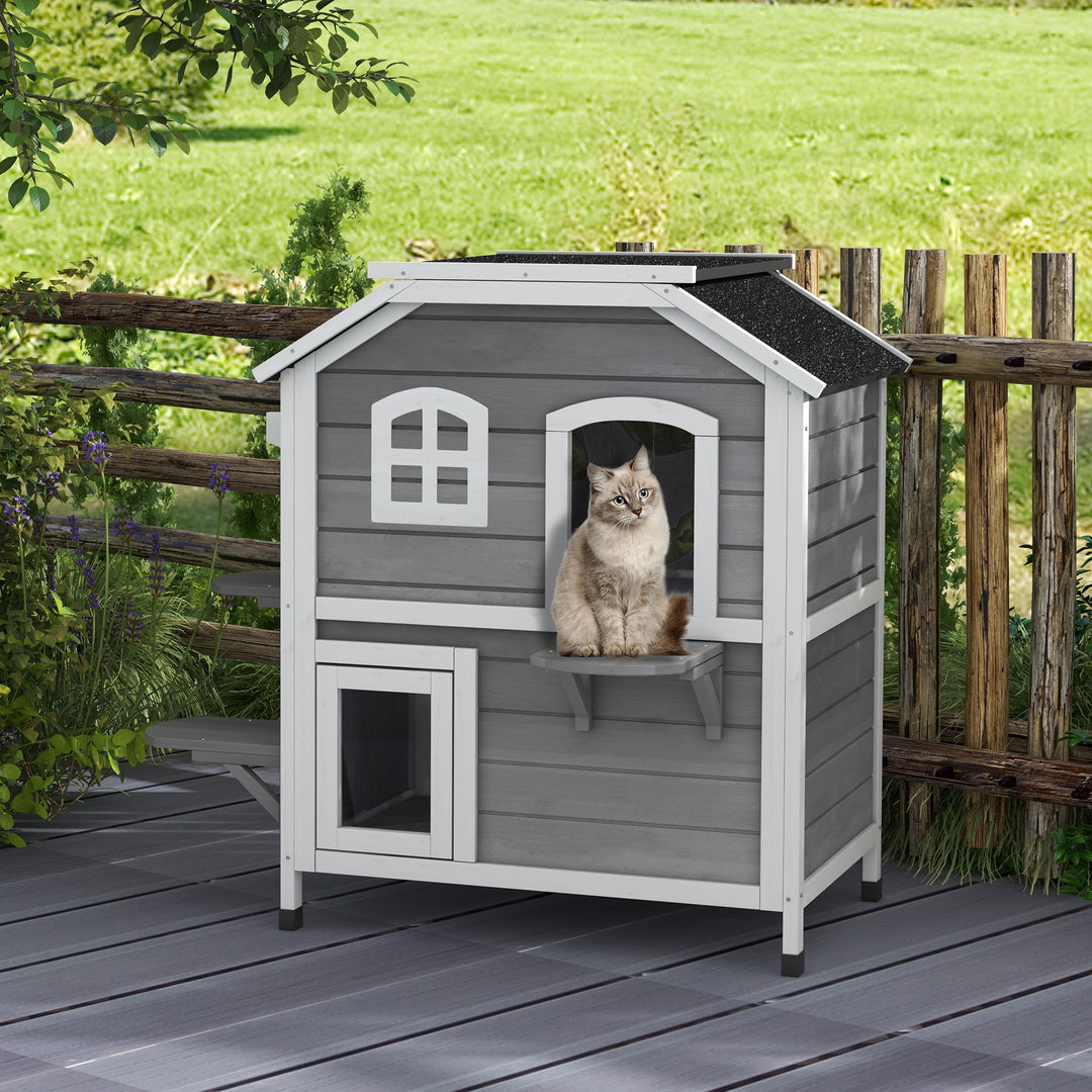 PawHut 2-Storey Outdoor Cat House, Wooden Catio with Openable Roof, Lounge Space, Fun Entrances, for Feral Cats, Yellow