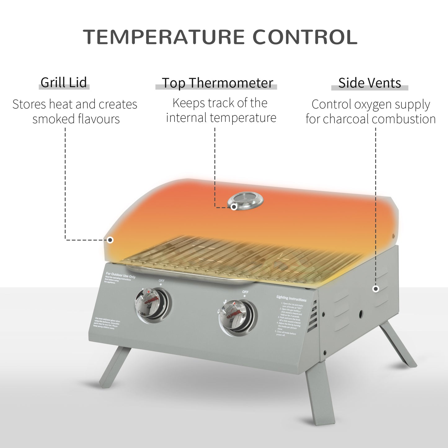 Outsunny 2 Burner Propane Gas Grill, Portable Tabletop BBQ with Foldable Legs, Lid, for Camping, Picnic, Silver