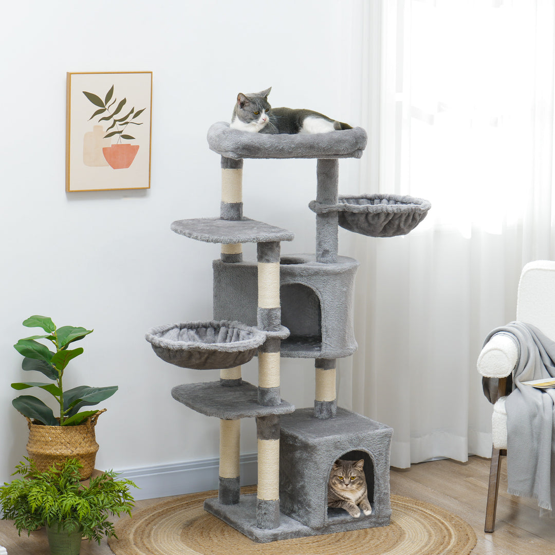 PawHut 52.5" Cat Tree Tower with Scratching Posts, Cat Condos, Bed, Platforms, Hammocks, for Indoor Cats, Dark Grey
