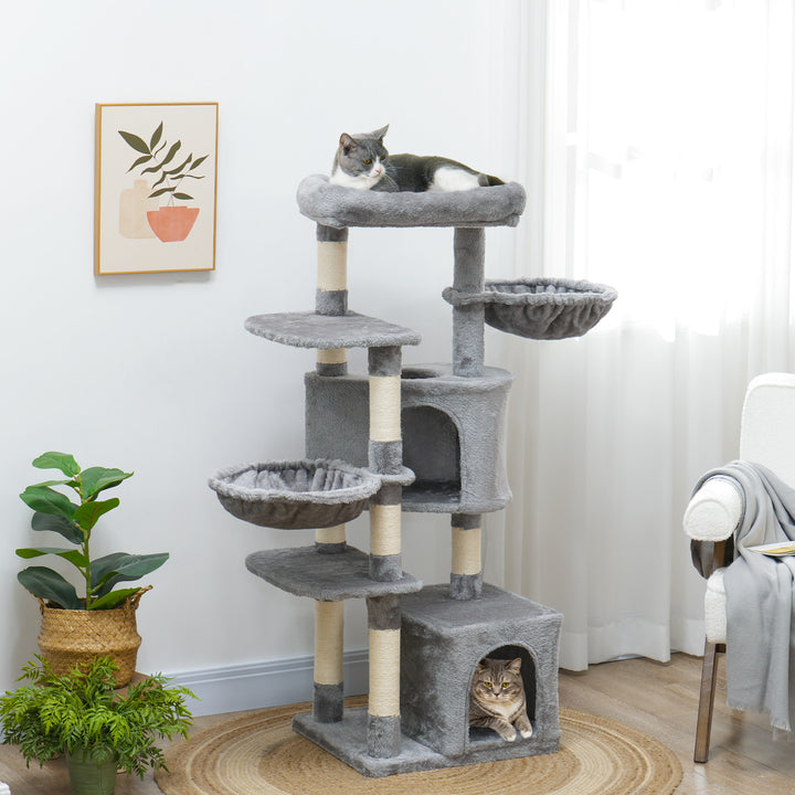 PawHut 52.5" Cat Tree Tower with Scratching Posts, Cat Condos, Bed, Platforms, Hammocks, for Indoor Cats, Dark Grey