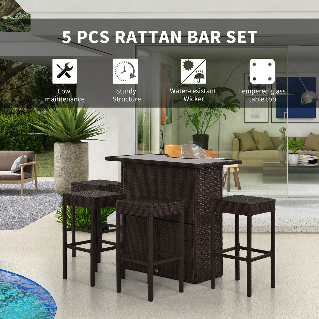 Outsunny 5 Pieces Patio Bar Set, Outdoor PE Rattan Wicker High Top Outdoor Table and Chairs Outdoor Bar Set with Tempered Glass Top Bar Table and Shelves, 4 Bar Chairs, Dark Brown