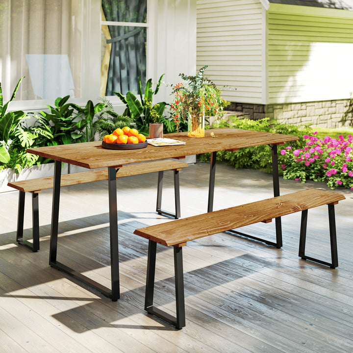 Outsunny Picnic Table and Bench Set for 6 Persons with 2" Umbrella Hole, Slatted Top & Steel Frame, for Party, BBQ, Patio, Lawn