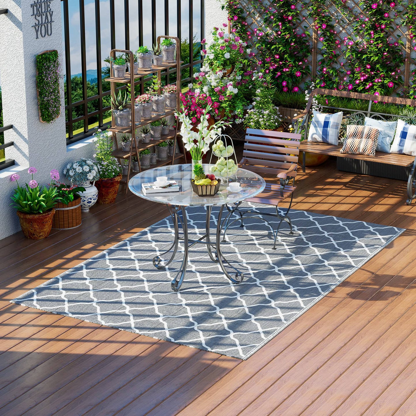 Outsunny Waterproof  Outdoor Rug, 6' x 9' RV Rug Reversible Mat for Backyard, Deck, Picnic, Beach, Camping, Grey & White Net