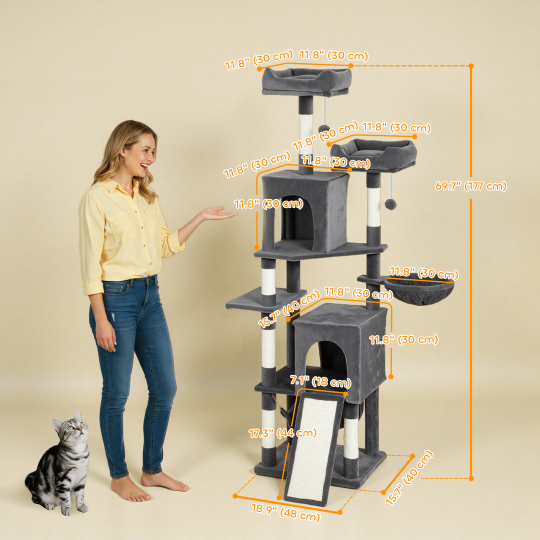 PawHut Cat Tree, 70" Multi-Level Cat Tower with 2 Condos, 2 Perches, Hammock, Toy Balls, Scratching Posts and Board, Green