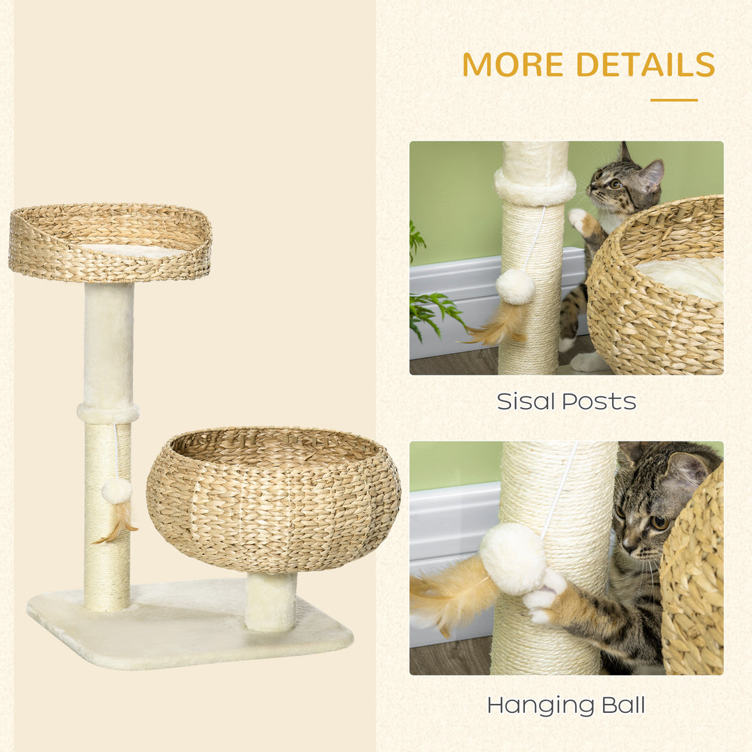PawHut 28" Cat Tree with Scratching Post, Cat Tower with Double Beds, Beige
