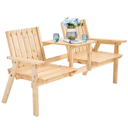 Outsunny Garden Bench for 2 Persons with Middle Table and Umbrella Hole, 2-Seater Outdoor Wooden Bench with Slat Design, Natural