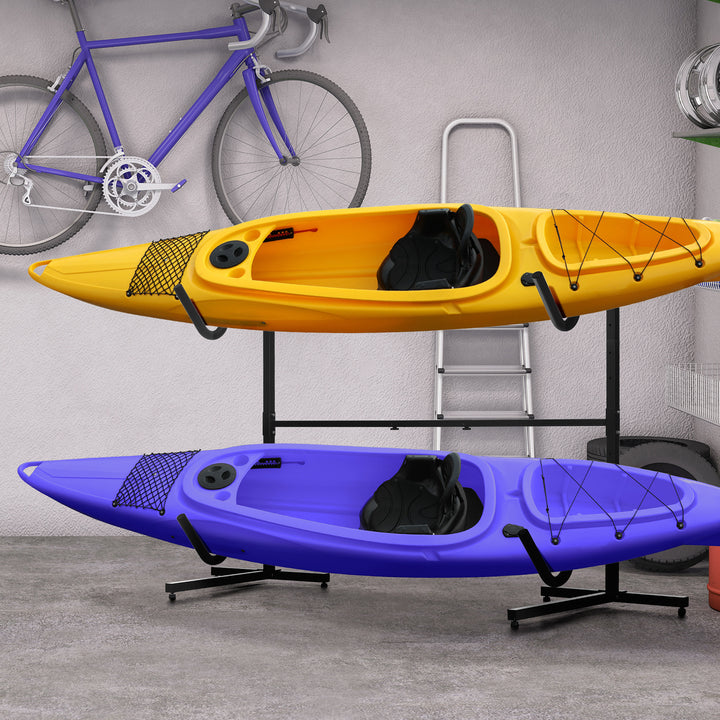 Soozier Freestanding Kayak Storage Rack with Adjustable Length, Heavy Duty Dual Kayak, SUP, Canoe, Paddleboard Rack for Indoor, Outdoor, Garage, Dock