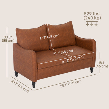 HOMCOM 55" Loveseat Sofa, Small 2 Seater Couch with Solid Wood Legs, Modern PU Leather Upholstered Sofa for Small Spaces, Brown