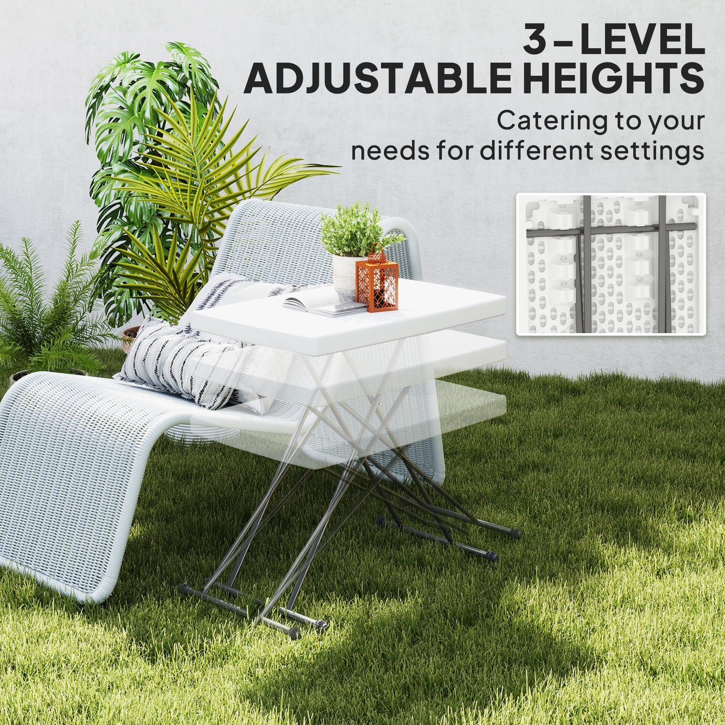 Outsunny Folding Outdoor Patio Table, 3-Level Adjustable Camping Table Picnic Table with HDPE Top, Steel Legs, White