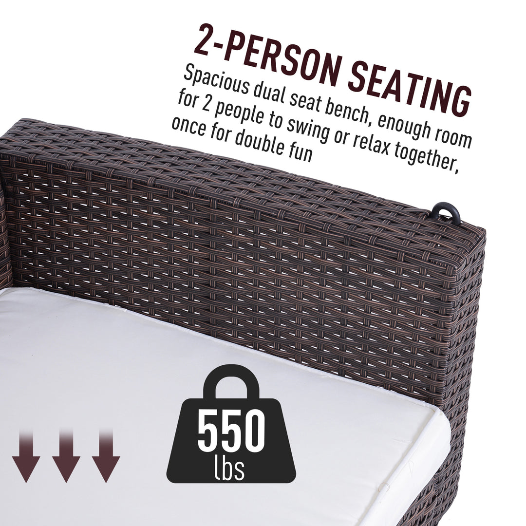 Outsunny 2-Person Patio Porch Swing Chair, Outdoor Rattan Hanging Bench with Cushion & 7.2 ft Steel Chains, Grey