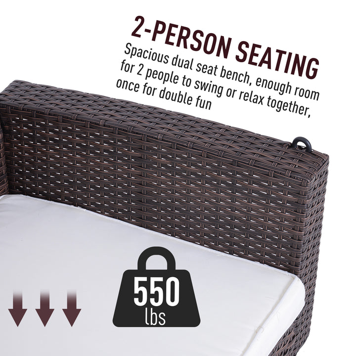 Outsunny 2-Person Patio Porch Swing Chair, Outdoor Rattan Hanging Bench with Cushion & 7.2 ft Steel Chains, Grey