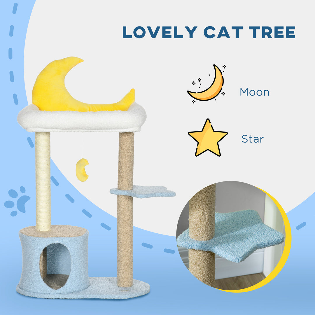 PawHut Moon Cat Tower for Indoor Cats with Teddy Fleece House Bed Scratching Post Hanging Toy Star Platform 41" Blue