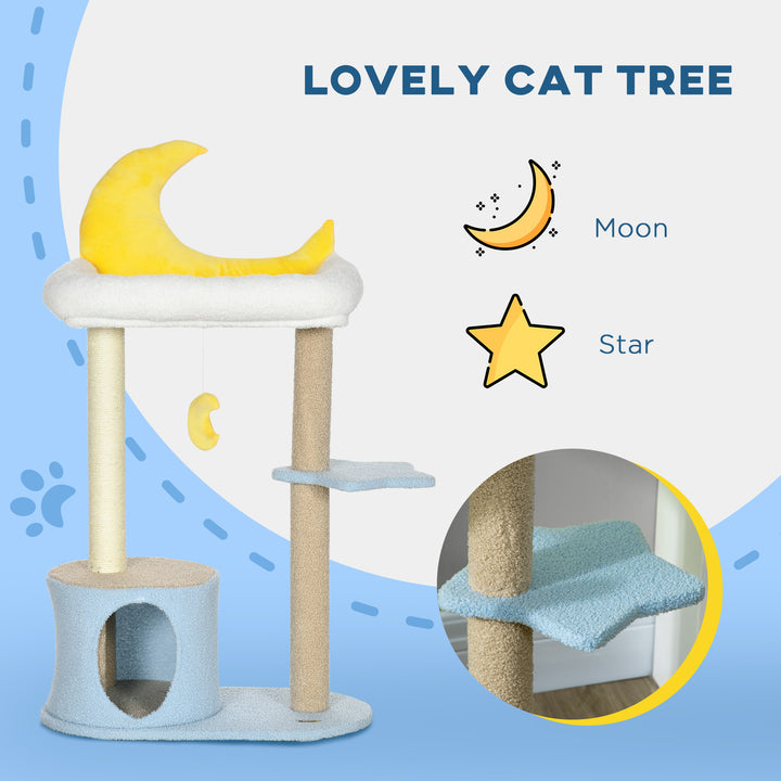 PawHut Moon Cat Tower for Indoor Cats with Teddy Fleece House Bed Scratching Post Hanging Toy Star Platform 41" Blue