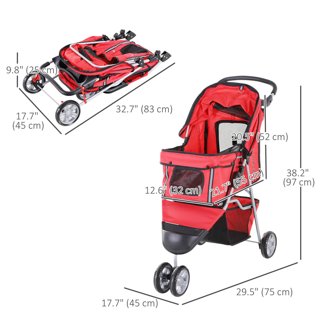PawHut 3 Wheels Foldable Dog Stroller with Storage Basket, Adjustable Canopy, Cupholder for Miniature and Small Dogs, Red