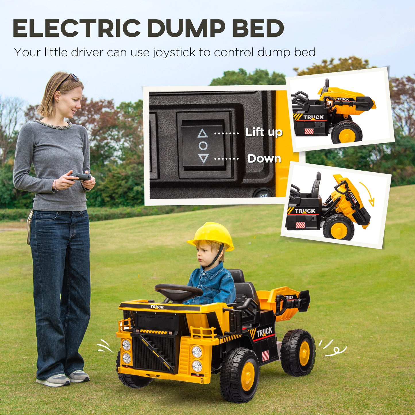 Qaba 12V Kids Ride On Dump Truck Construction Vehicle w/ Electric Dump Bed, Shovel, Spring Suspension Wheels
